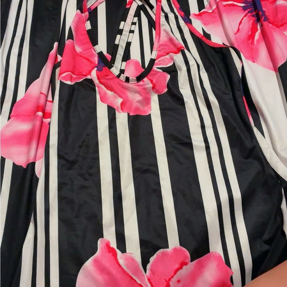 Black and White Striped Dress with Pink Floral Design